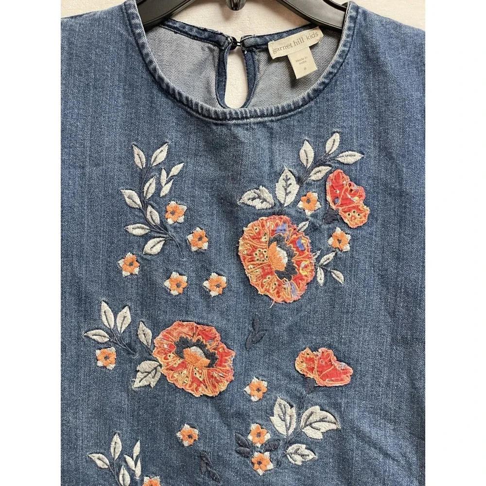 Garnet Hill Dress Girls Sz 8 Denim Embroidered‎ Floral Short Sleeve Raw Hem Boho